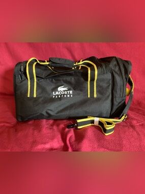 Lacoste Perfum Challenge Black Duffle Gym Bag Weekend Travel 21L x 11H x 10W